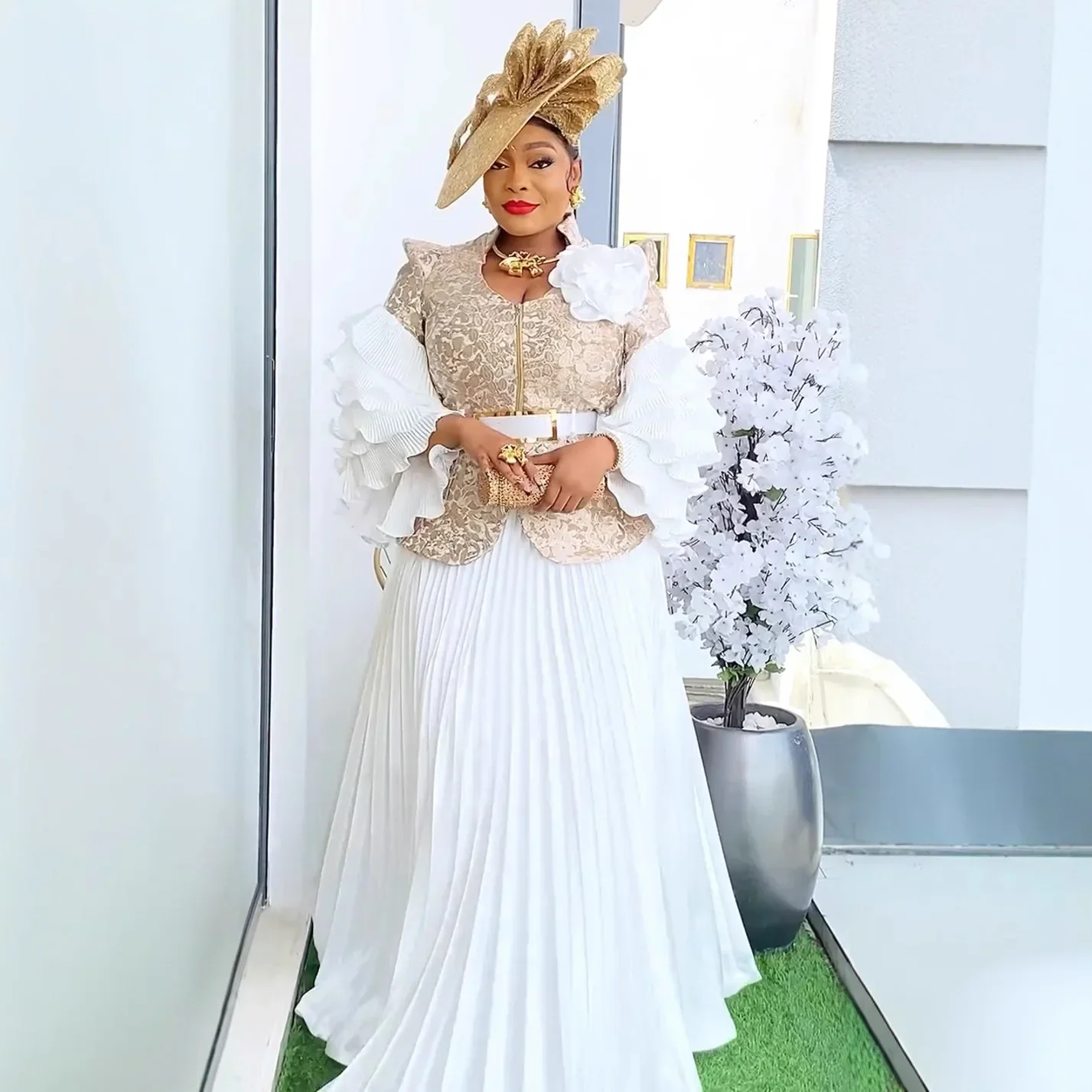 

Women Party Evening Dresses 2PCS Set Tops And Skirts Ruffle Sleeve Bodycon Robe African Dashiki Outfits Wedding Prom Gown Africa