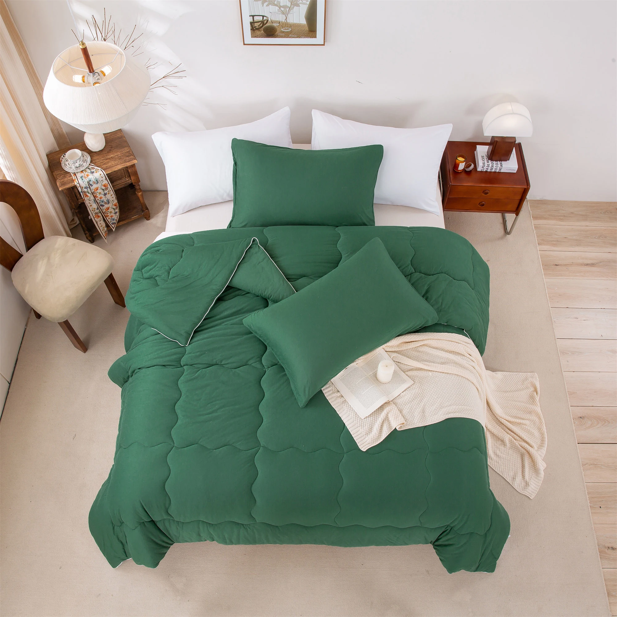 3-Piece Full Size Comforter Set, Soft Fluffy Shabby Chic Comforter for All Seasons  Emerald Green Full Size