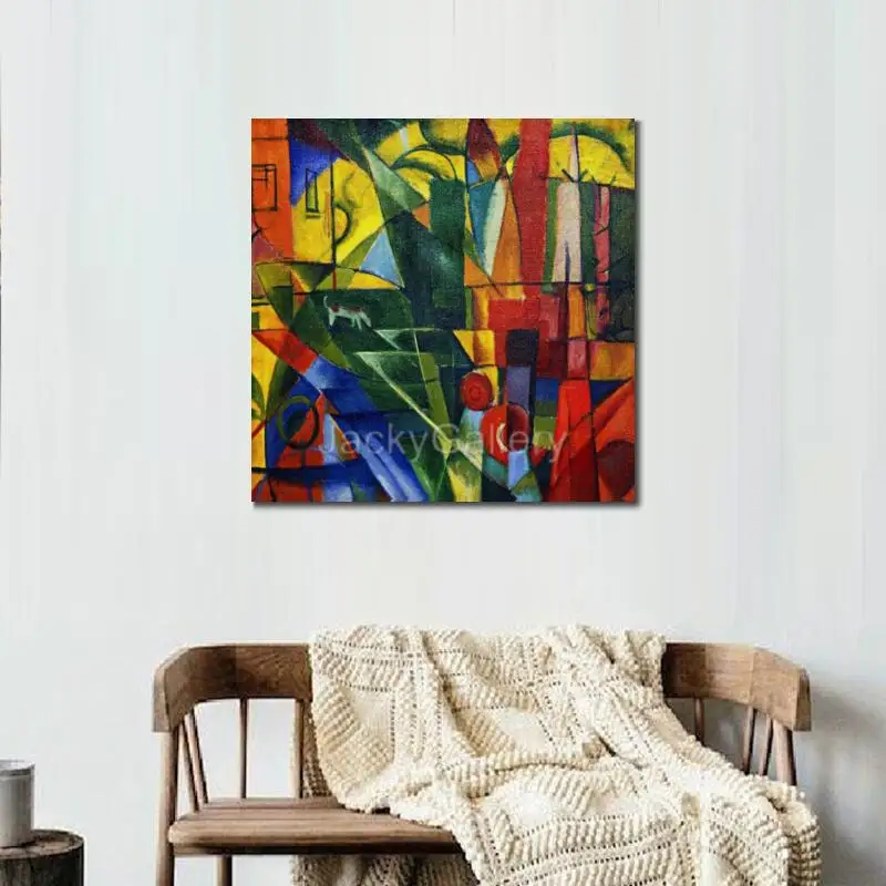 Handmade Franz Marc Abstract Landscape House Two Cows Expressionism Painting in Oils Canvas Picture for Library Decor