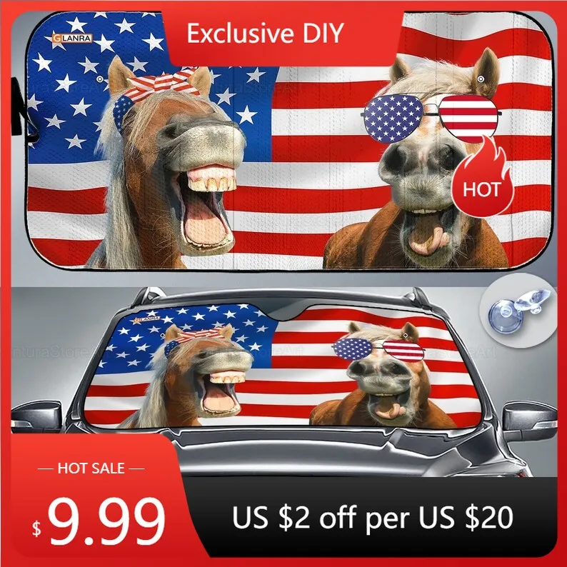 

Horse American Flag Car Sunshade, Horse Sunshade, Horse Lover, Car Sun Protector, Gift For Him, Couple Gift PHT082205H04