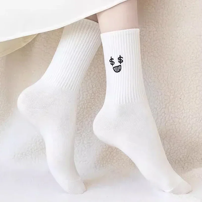 5Pairs Summer Spring Short Sock Women White Kawaii Fun Socks Embroidered Expression Pack Pattern Cotton Middle Tube Sports Sock