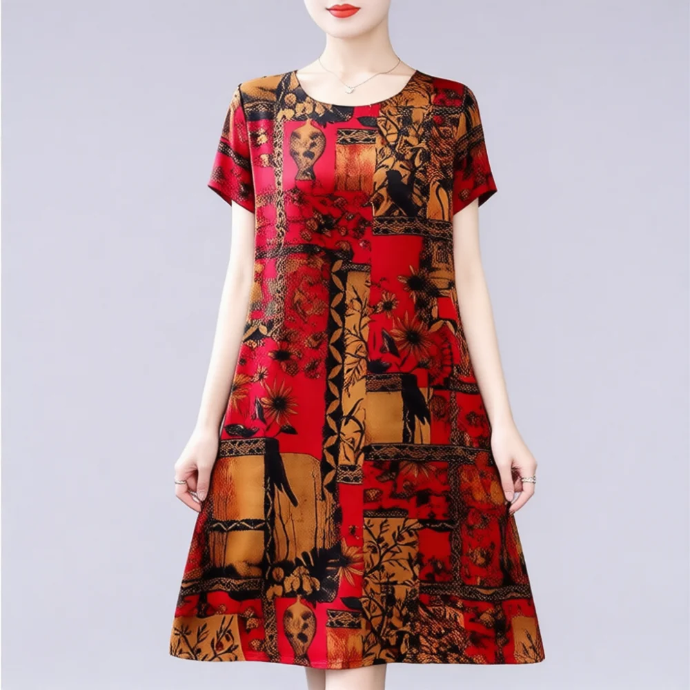Casual Summer Retro Printed Dress Women Mid Length Short Sleeve Ice Silk Loose Comfortable Outfit For Middle Aged