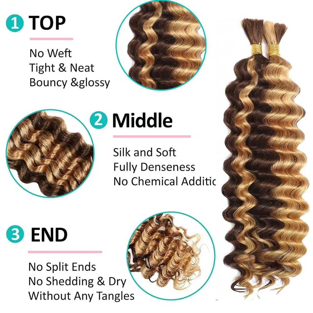 P4/27 #   Highlight 110 g 28 Zoll lockiges Boho-Haar zum Flechten, knotenlos, 12 A, tiefe Welle, Bohemian-Stil, 2 Bündel/Packung, 100 % Echthaar