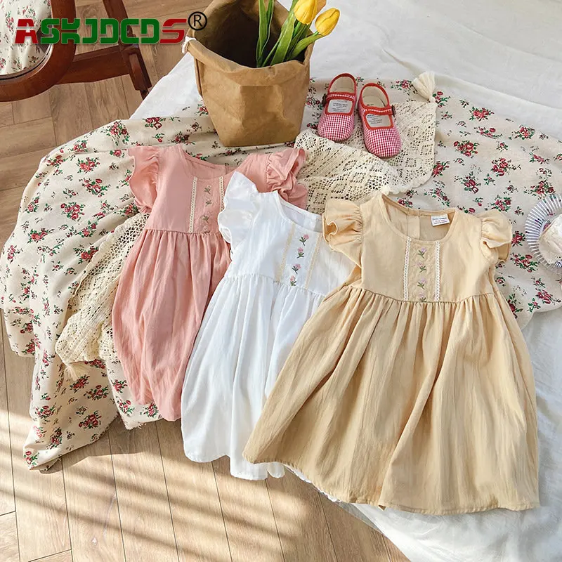 

2023 NEW IN Cotton Soft Clothing Dress Summer Kids Baby Girls Fly Sleeve Embroidery Flower Knee-length Dresses Children