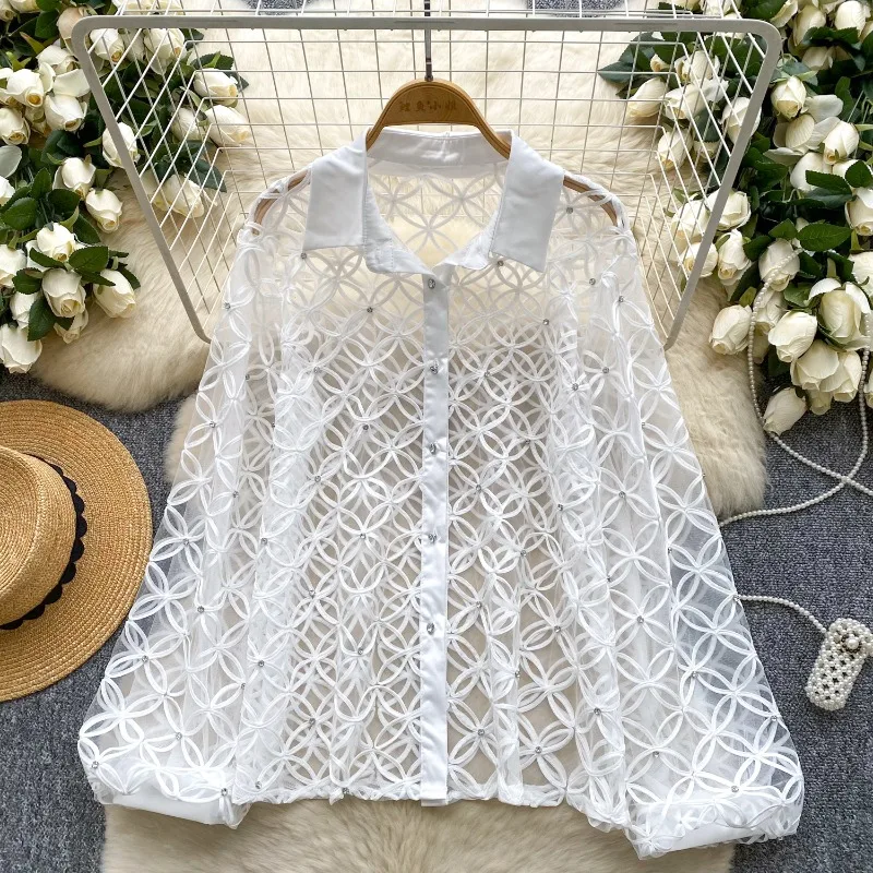 

Fashion Heavy Diamond Embroidery Blouses Summer Thin Sun Protection Shirt Coat Women Casual All-match Exquisite Tops Mujer