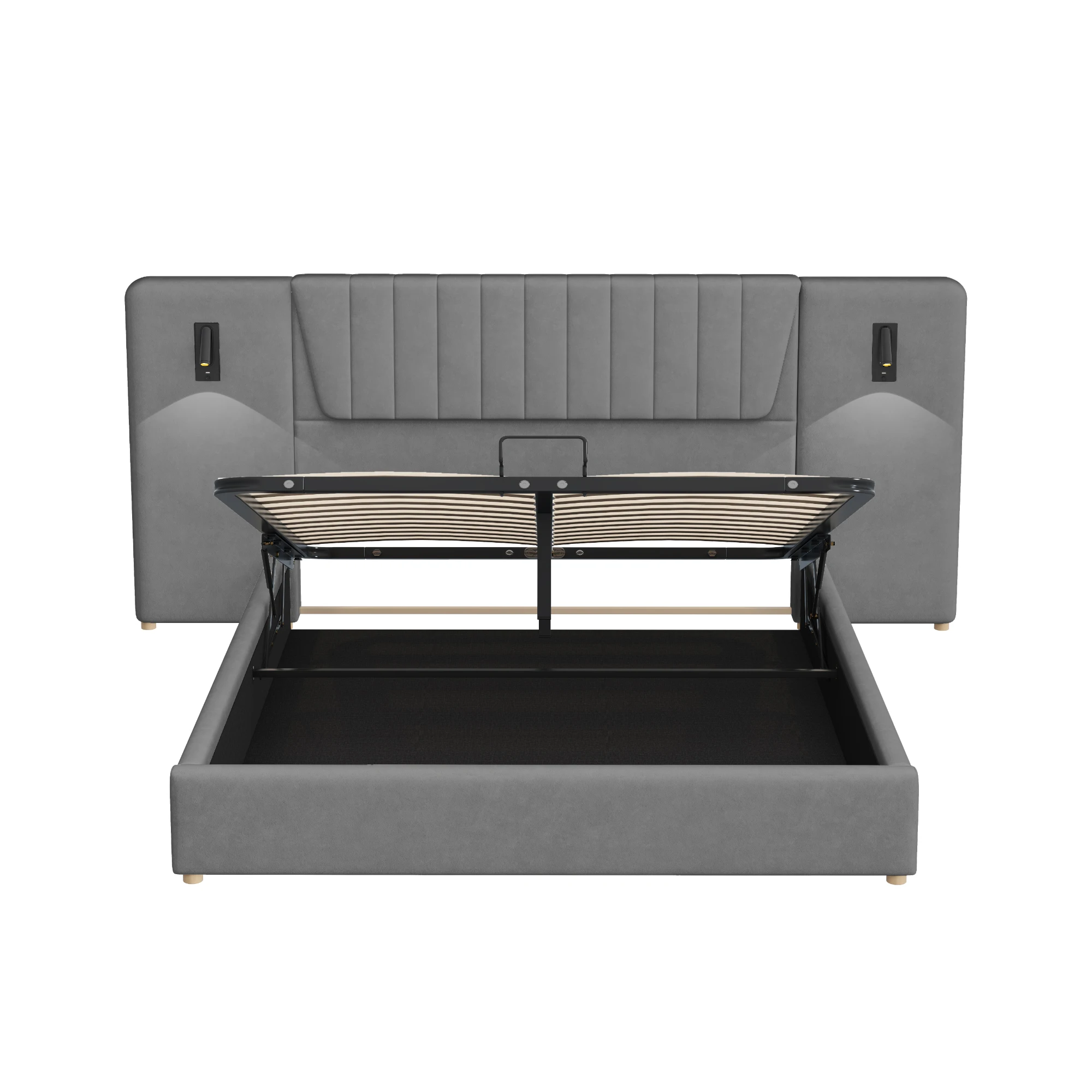 KOMHTOM Doppelbett 180x200 cm aus Samtstoff mit verstellbarer Leselampe USB Ladeanschluss und hydraulischem Stauraumbett