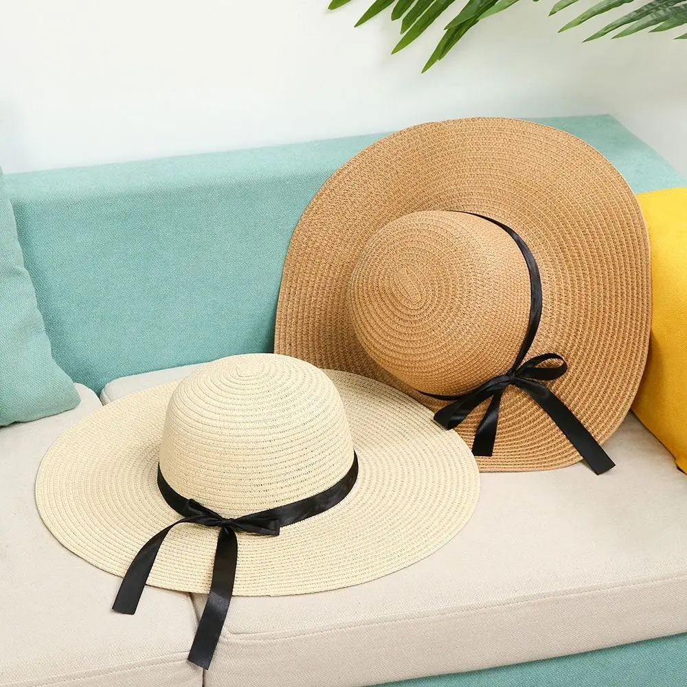 Women Beach Hat Foldable Floppy Straw Caps Big Wide Brim Summer Bow Cap Straw Cap Sun Hat