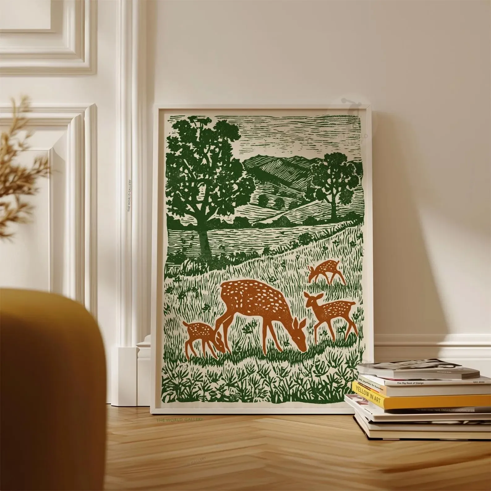 Grazing in Meadow Art, Deer Family Poster, Wildlife Landscape Print, Green Deer Decor for Living Room Bedroom