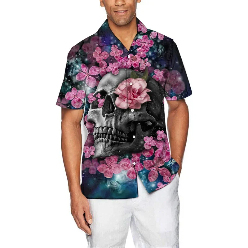 

Summer new European style flower skull pattern short-sleeved shirt 3D digital printed shirt MEN'S FASHION TREND