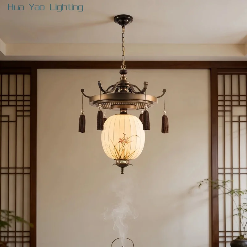 Oriental Floral Lantern Tassel Pendant Light For Living Room Tea Room Dining Hall Elegant Zen Traditional Home Interior Decor