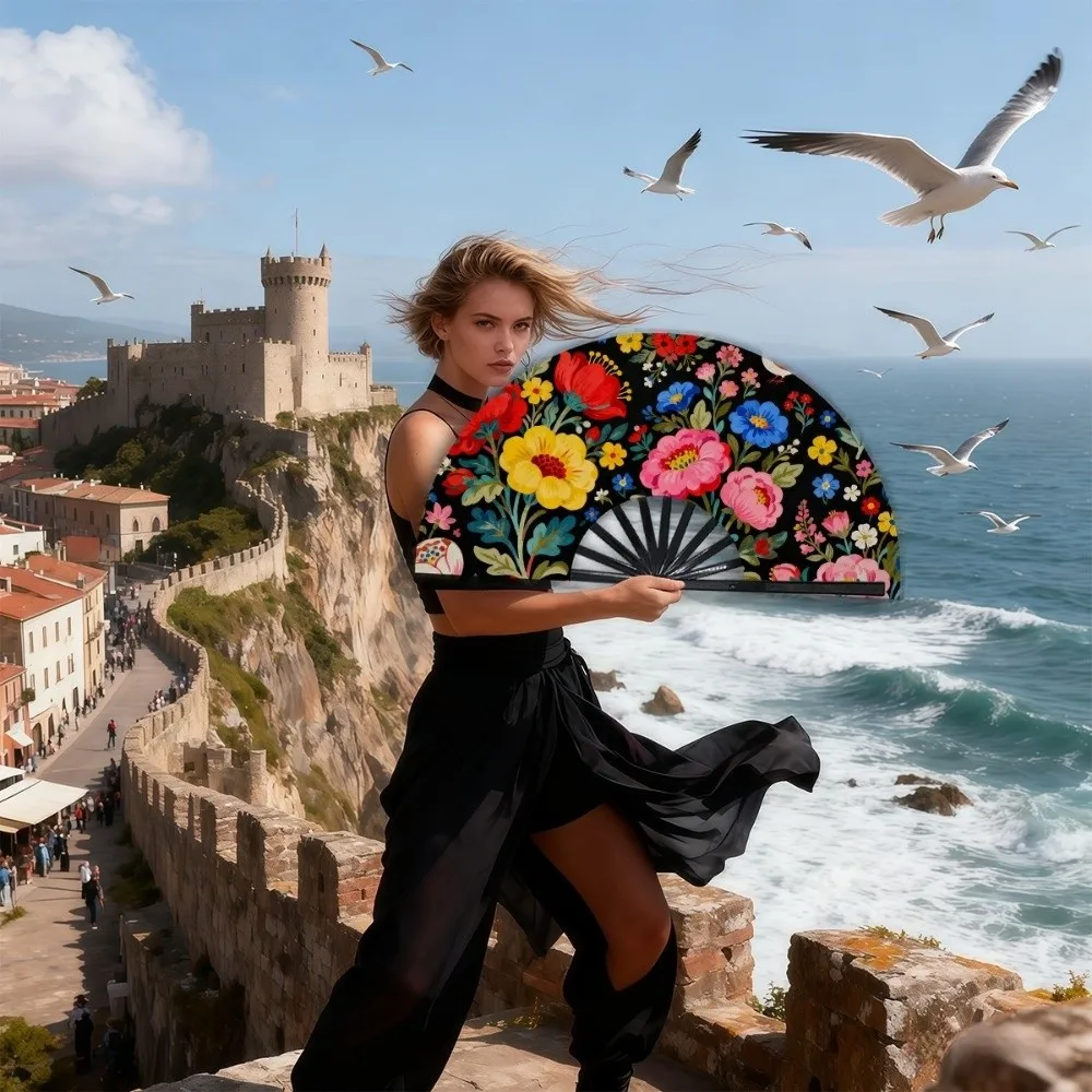Decoration Cloth Shell Fan Chinese Style Home Ornaments Flower Folding Fan Spanish Colorful Collapsible Hand Fan Fan Wind