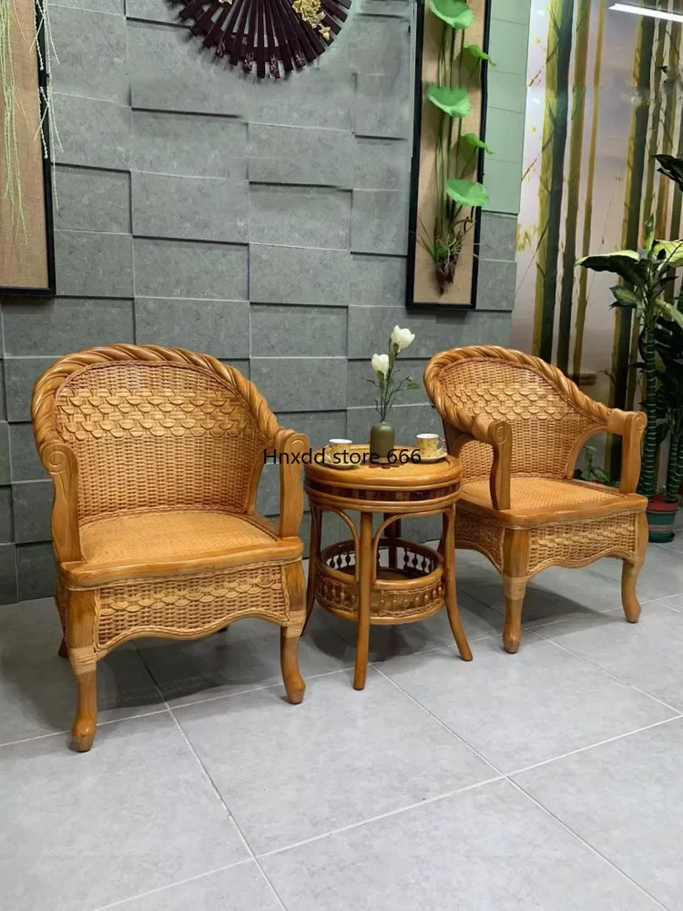 Natural rattan three-piece balcony living room tea table chair sedentary and comfortable single leisure chair