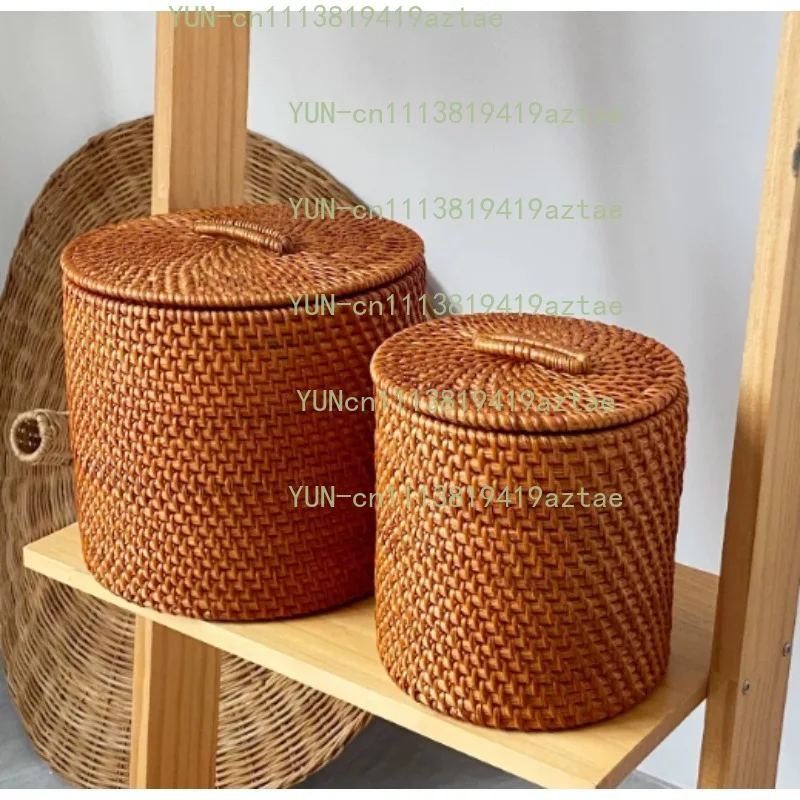 Vietnamese Handmade Rattan Storage Basket - Round Storage Basket , Snacks and Blankets, Bohemian Tabletop Home Ornament