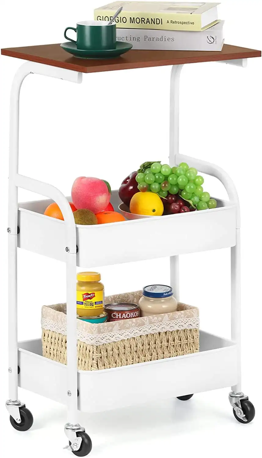 

Oumilen 3-Tier Kitchen Rolling 16.54" Storage Cart with Wooden Tabletop, White