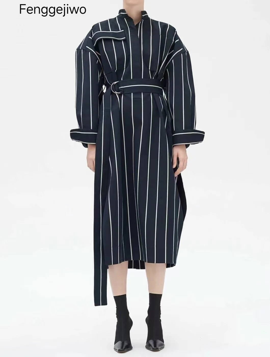 Fenggejiwo Long Dress Windbreaker Style Loose Spring and Autumn Striped Windbreaker