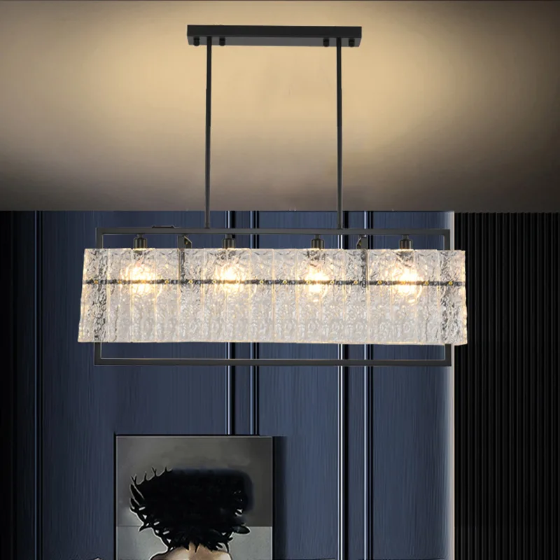 Dining Room Light Luxury Water Grained Glass Chandelier Modern Nordic Art Personality Lamp Rectangular Study Led Pendant Lights