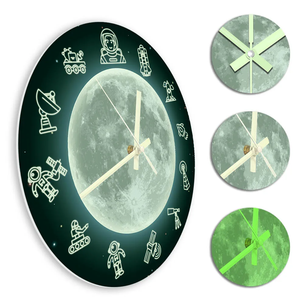 Moon Space Travel Luminous Wall Clock Astronaut Home Decoration Outer Space Universe Galaxy Night Vision Glow In Dark Wall Watch