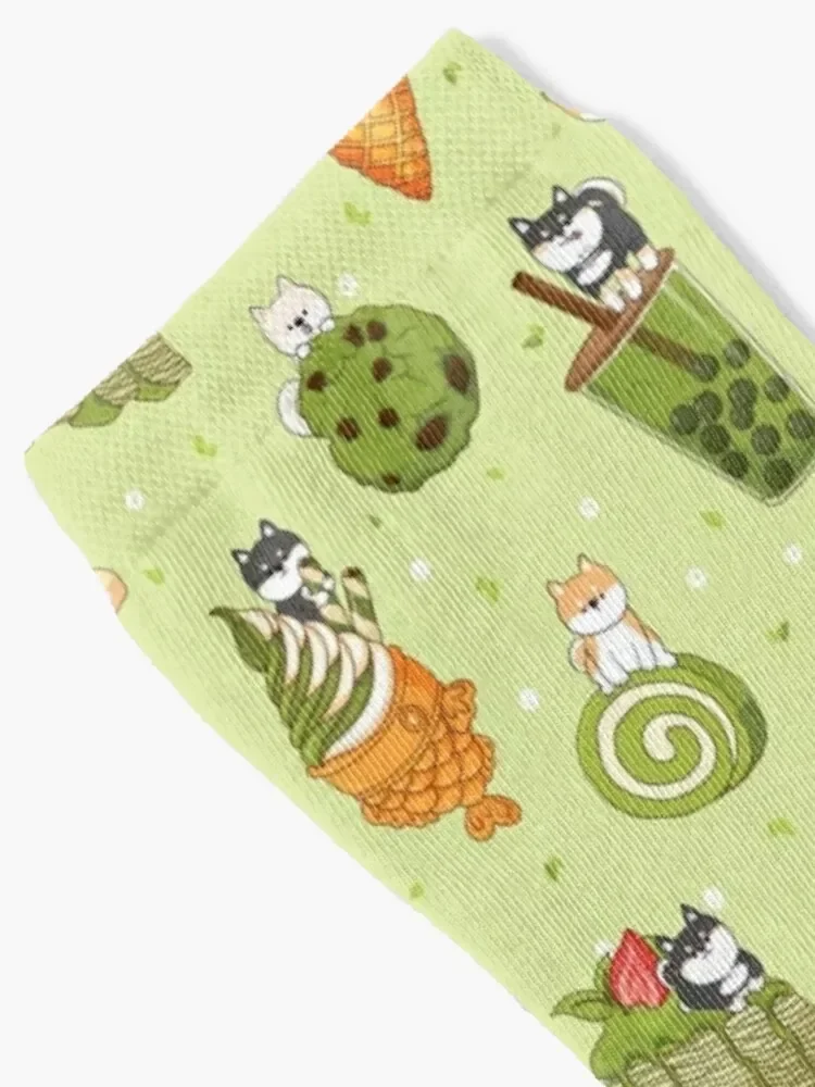 Kawaii Shiba Inu with Matcha Taiyaki Bubble Tea Cake Ice Cream - Green Socks new in's funny gift Socks Ladies Men's