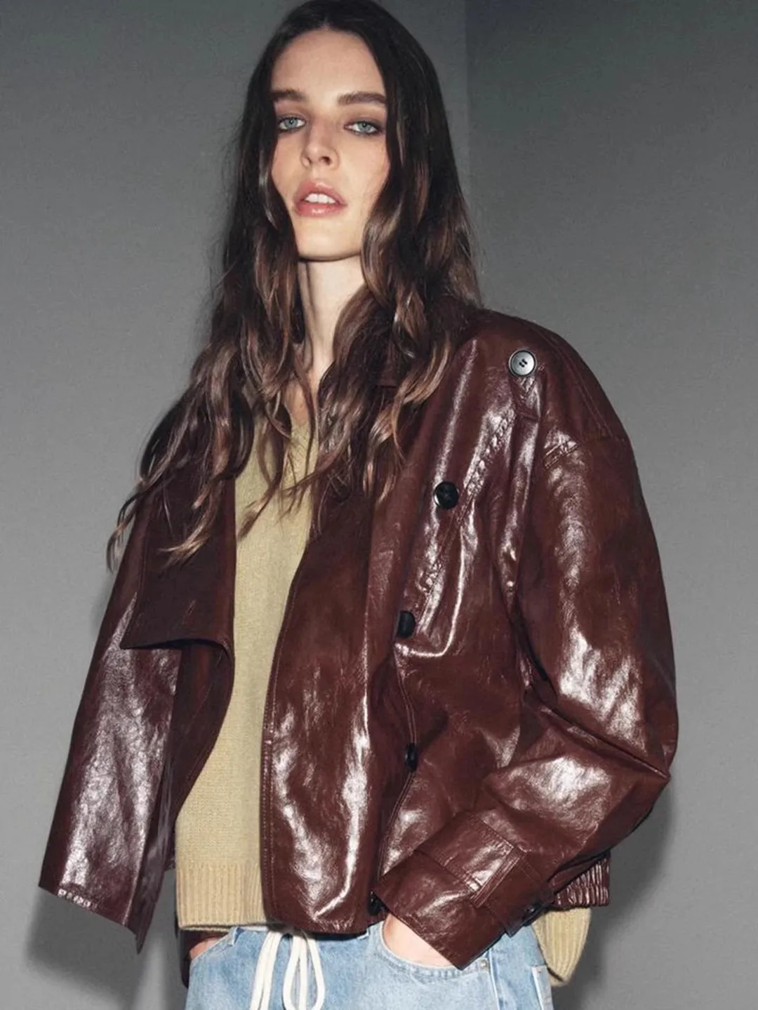 

Faionable Women's Long Sve Jaet Coat Glossy Turn-down Collar Slimming Casual Loose Fit Polyester Outerwear