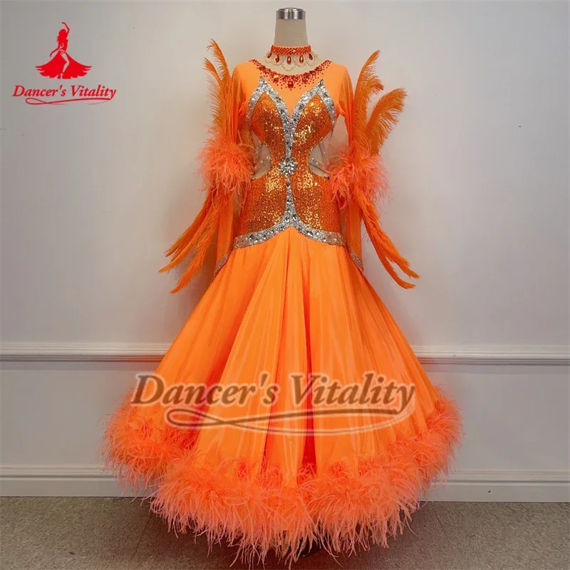 Adult Ballroom Dance Orange Paillette Ostrich Feather Lower Hem Female Waltz Pearl Silk Perform&Competitions Dresses Customized