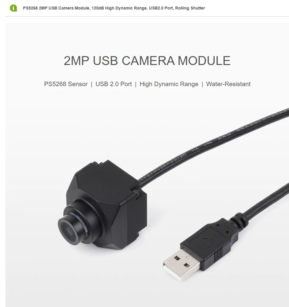 

PS5268 2MP USB Camera Module, 120dB High Dynamic Range, USB2.0 Port, Rolling Shutter