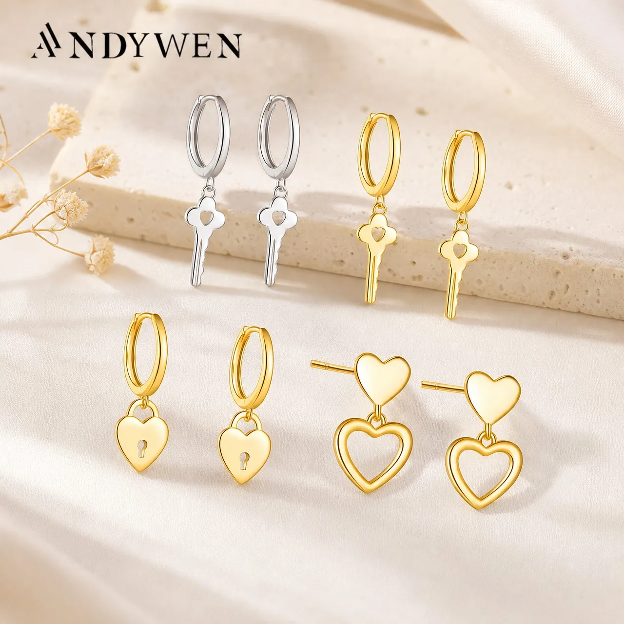 ANDYWEN 925 Sterling Silver Gold Heart Key Piercing Plain Drop Earring Women Clips Pendiente 2026 Fine Jewelry Crystal Wedding
