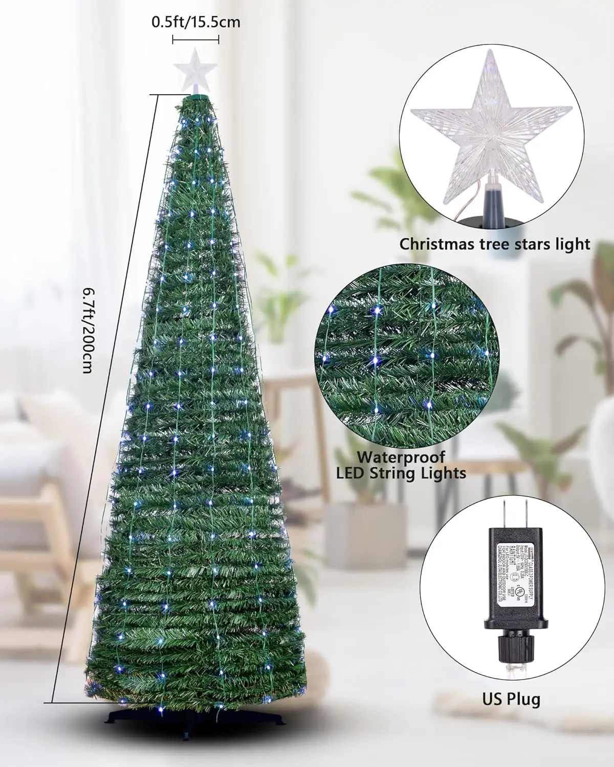 Lampu Natal Pohon Natal Pintar 6.9FT 400 LED dengan Lampu String LED Topper Bintang Sinkronisasi Musik, Colokan untuk Dekorasi Pesta Natal