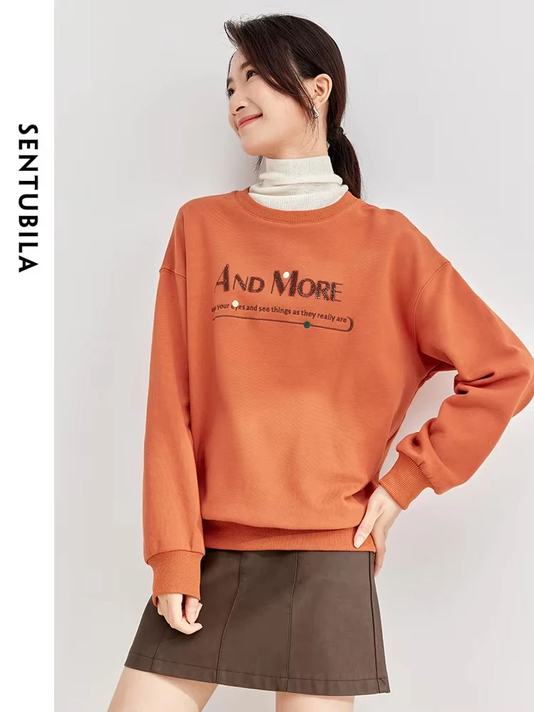 SENTUBILA Women's 100% Cotton Sweatshirts 2024 Autumn Winter Drop Long Sleeve Top Casual Loose Round Neck Pullovers 133A52019