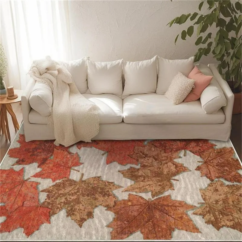 New Machine Washable Beautiful Orange Red 3D Maple Leaf Plant Brown Off White Bedroom Living Room Carpet Floor Mat