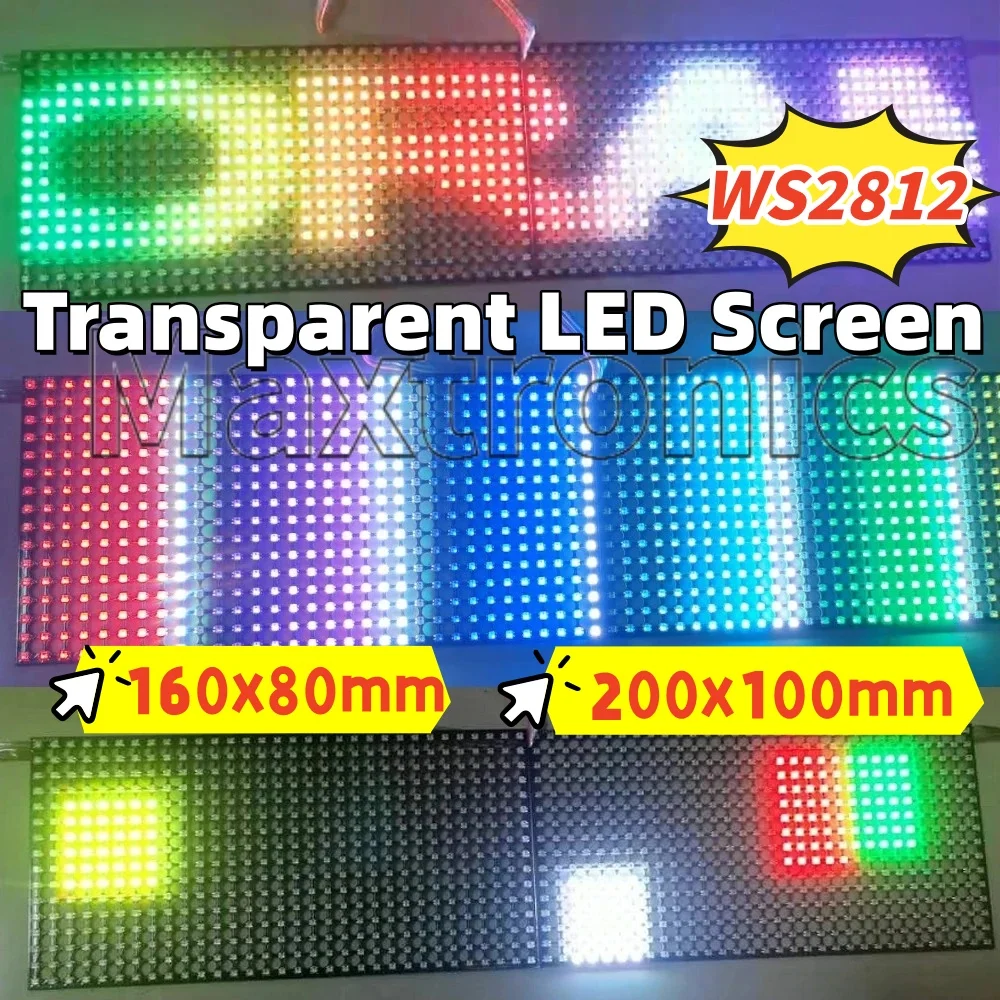 160x80mm /200x100mm DC5V 2 Size Transparent LED Screen WS2812 Full Color LED Modules Programmable 16* 32 Dot Matrix SPI Protocol