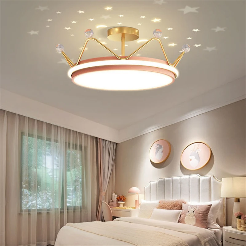 Princess Crown Chandelier Starry Night Light Dimmable Star Moon Pendant Children Girl Boy Bedroom Study Ceiling Lamp Home Decor