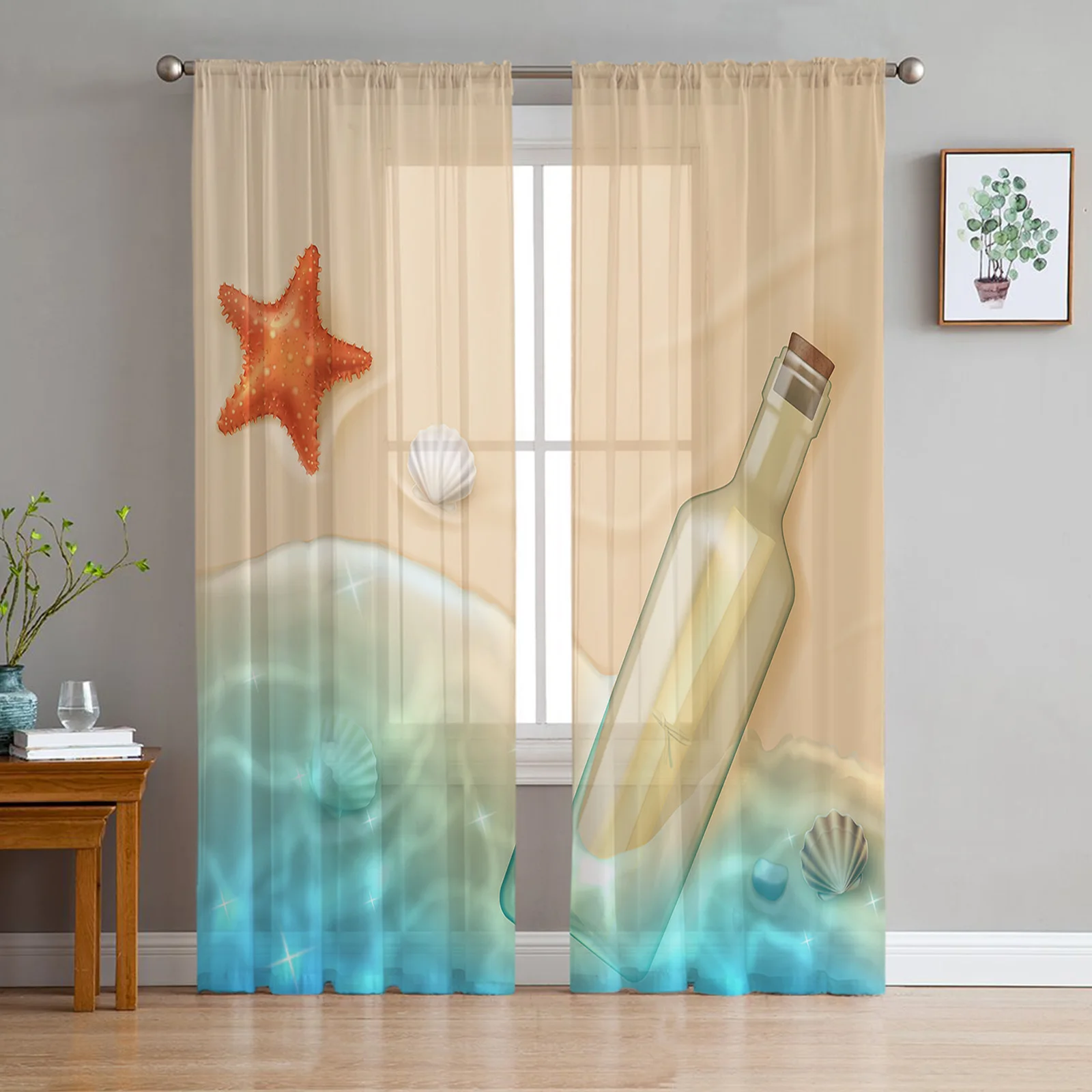 Beach Drift Bottle Starfish Shell Tulle Sheer Window Curtains for Living Room the Bedroom Voile Decorative Curtains Drapes