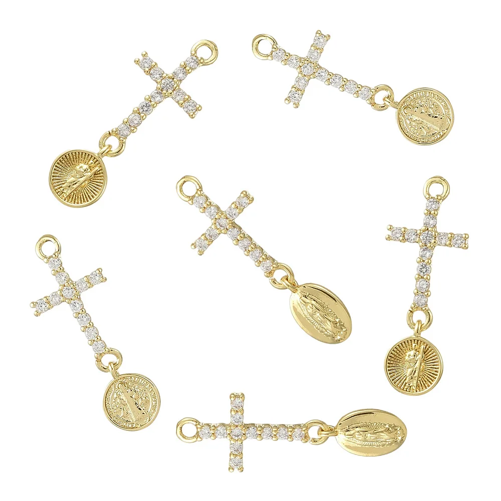 KitBeads 6pcs CrossReligious Saint Brass Charms Micro Pave Clear Cubic Zirconia Jewelry Decoration for Bracelet Necklace Making