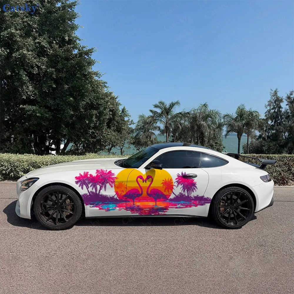 2pcs Flamingos By The Seaside Splash Decal, Durable, Fade-Resistant, Enhance Vehicle Aesthetic With Bold Design Car Vinyl Wrap