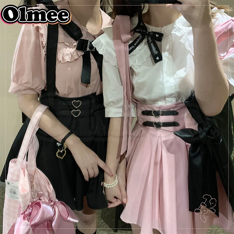 [Olmee] In Stock Heart Belt Overall Skirt Dress Lolita Japanese Jirai Kei Mine Style y2k Kawaii Girly Belt Pinafore Casual Pink