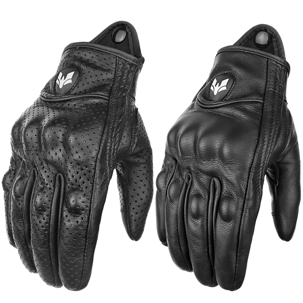 

Ретро-перчатки для мотоциклистов из черной кожи, мужские и женские, дышащие, перфорированные, для мотогонок, с сенсорным экраном, для мотокросса