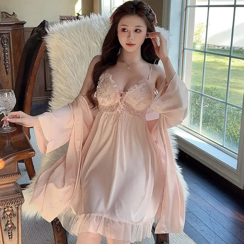 

2026 Summer 2PCS Sexy Lace Lingerie Silk Satin Nightgowns Robes Sets For Women Korean Bathrobes Sleepwear Nightdress Night Dress
