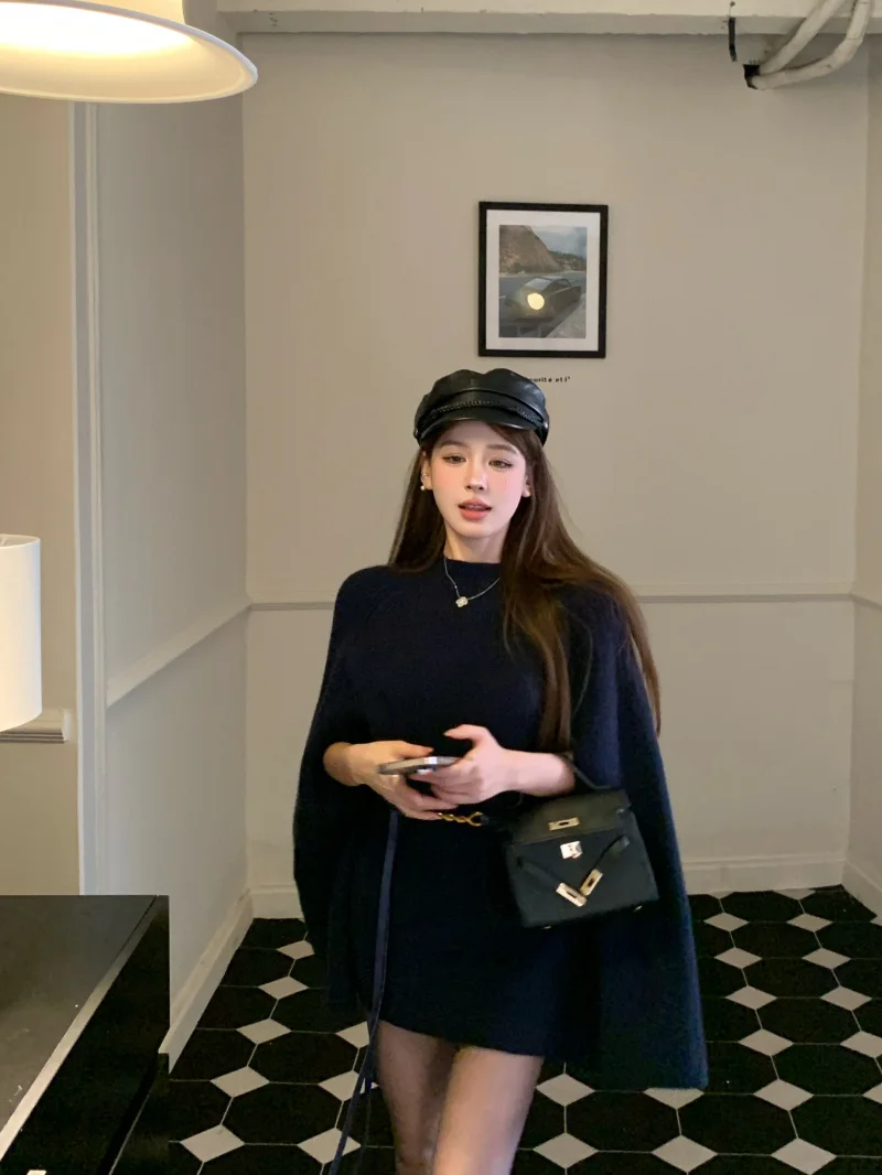 

Женское вязаное пальто свободного кроя, повседневный свитер с высоким воротником, интрактивный, синий, для осени и зимы, удобный S...