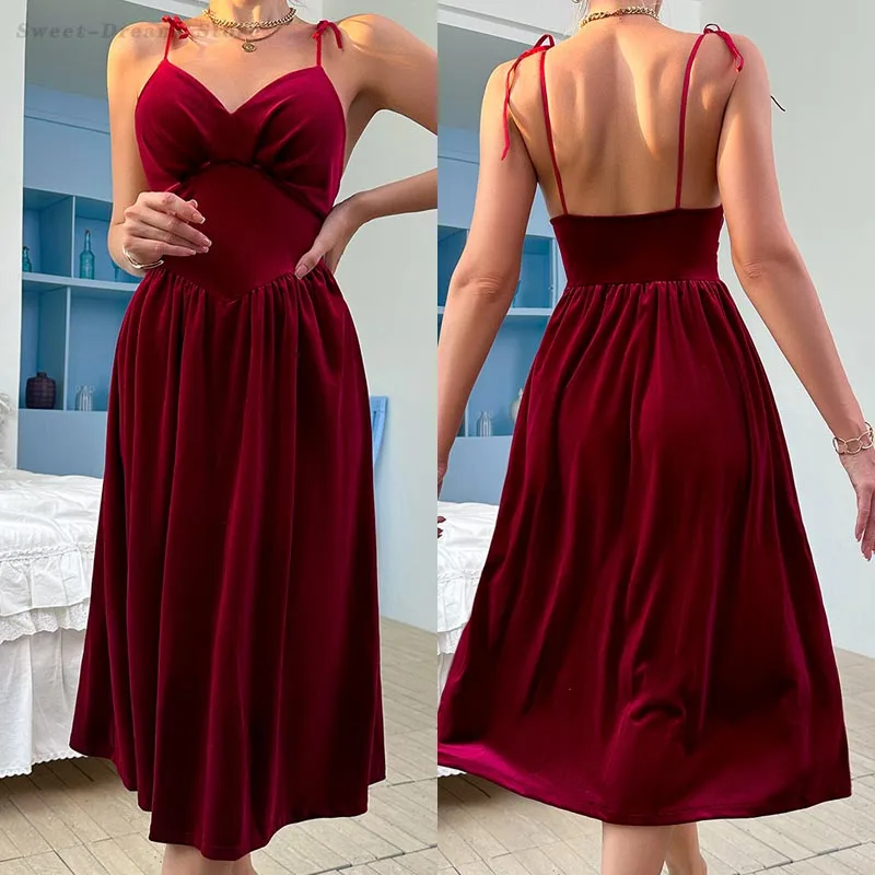

New Velvet Sexy Lingerie Spaghetti Strap Nightgown Chemise Sleepwear Red Velour Women Nightdress Casual Home Dress Gown Nighty