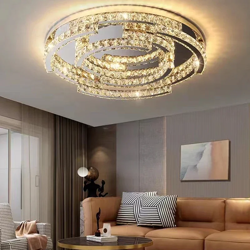 Modern Remote LED Crystal Ceiling Lamp for Living Room Bedroom Study Round Chrome Chandelier Celing Light