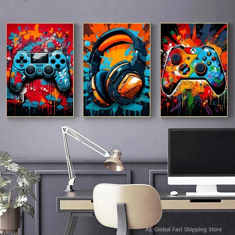 Graffiti Game Poster Gamepad Canvas Painting Colorful Game Controller Print Picture For Boy Gamer Bedroom Wall Art Home Decor