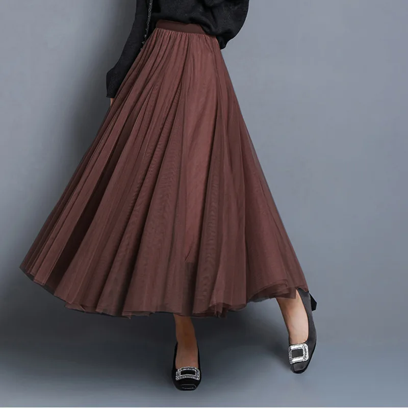 Hot Women Mesh Elastic Tutu Skirt Beach Spring Summer Korean High Waist Fashion Pleated Long Skirt Black White Tulle Skirts