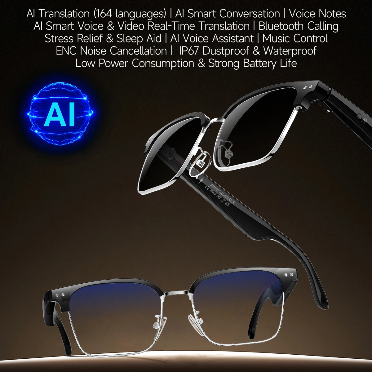 

AI Bluetooth Audio Call Smart Glasses Metal Half Frame 164 Languages Mutual Translation AI Voice Assistant Music Glasses W100D