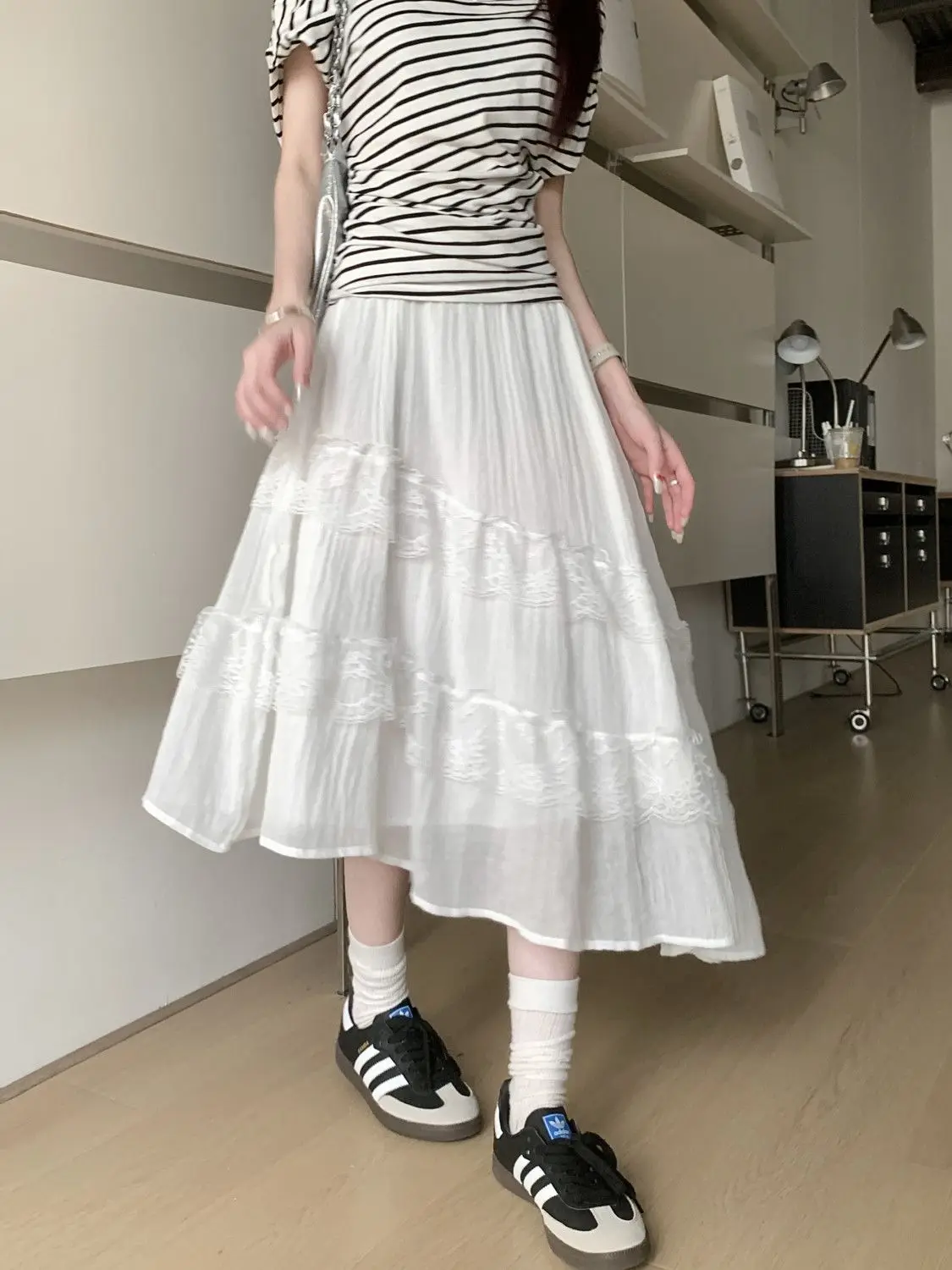 

Unique Irregular Heavy Embroidery Lace f Skirt Women's High Waist Gentle Wind Splicing Midi Skirt Summer New Sle Korean ...