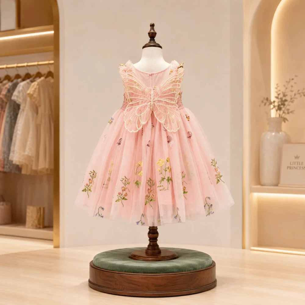 Adorable Mesh Fabric Princess Dress Puff Skirt 3D Wings Tutu Dress Chiffon Material Suspender Design Fairy Dress Wedding Party