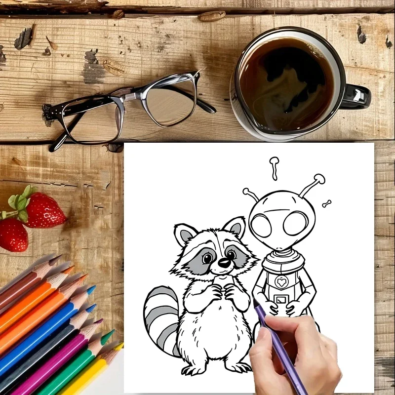 大人のためのエイリアン動物の友達の塗り絵 |   28ページの塗り絵、クリスマスや感謝祭のための画材