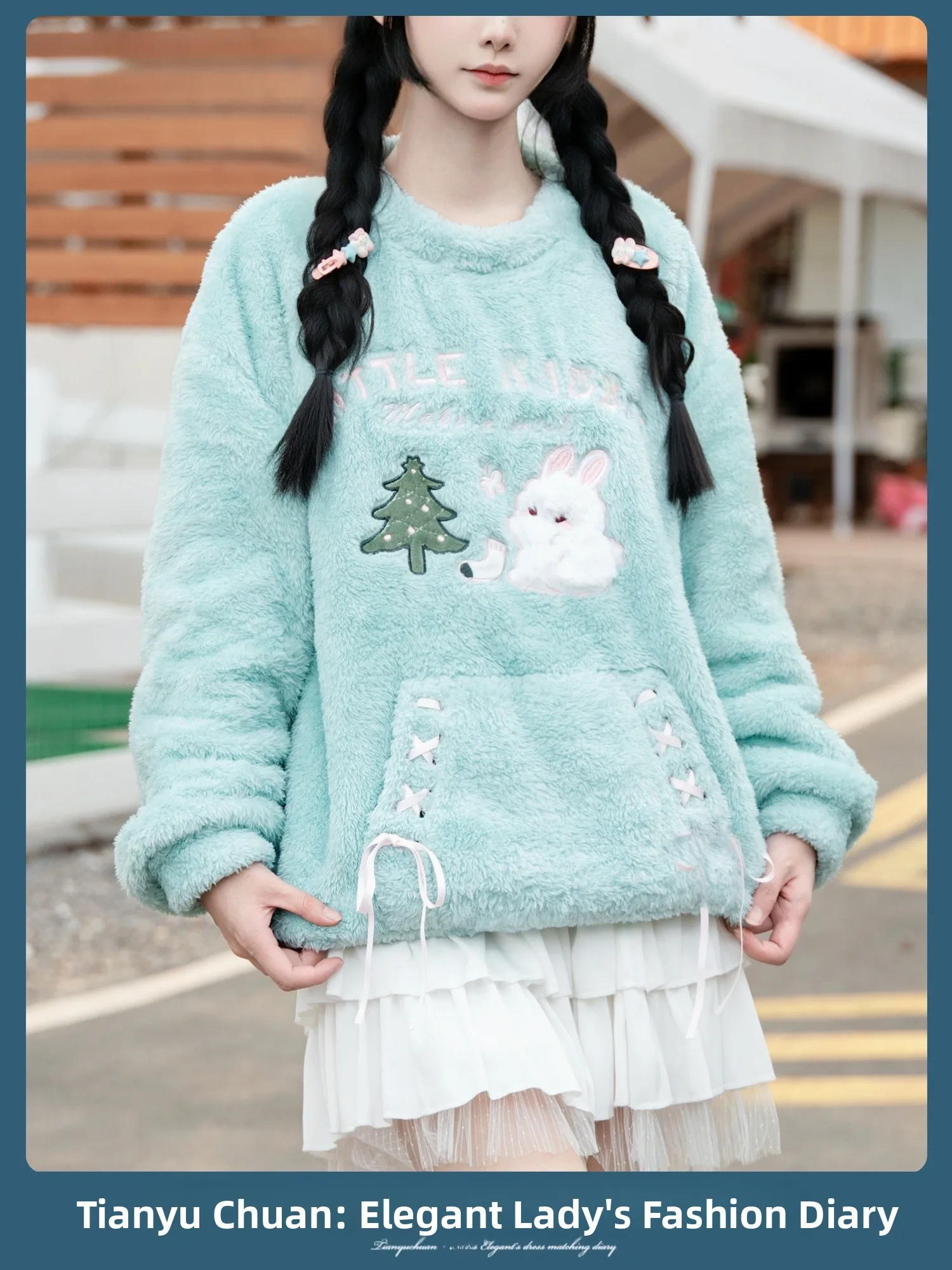 

Tianyu River Original Plu Rabbit Sweatirt Velour irt Dstring Belted Top Autumn Winter New Sle Cisas Snow Night...