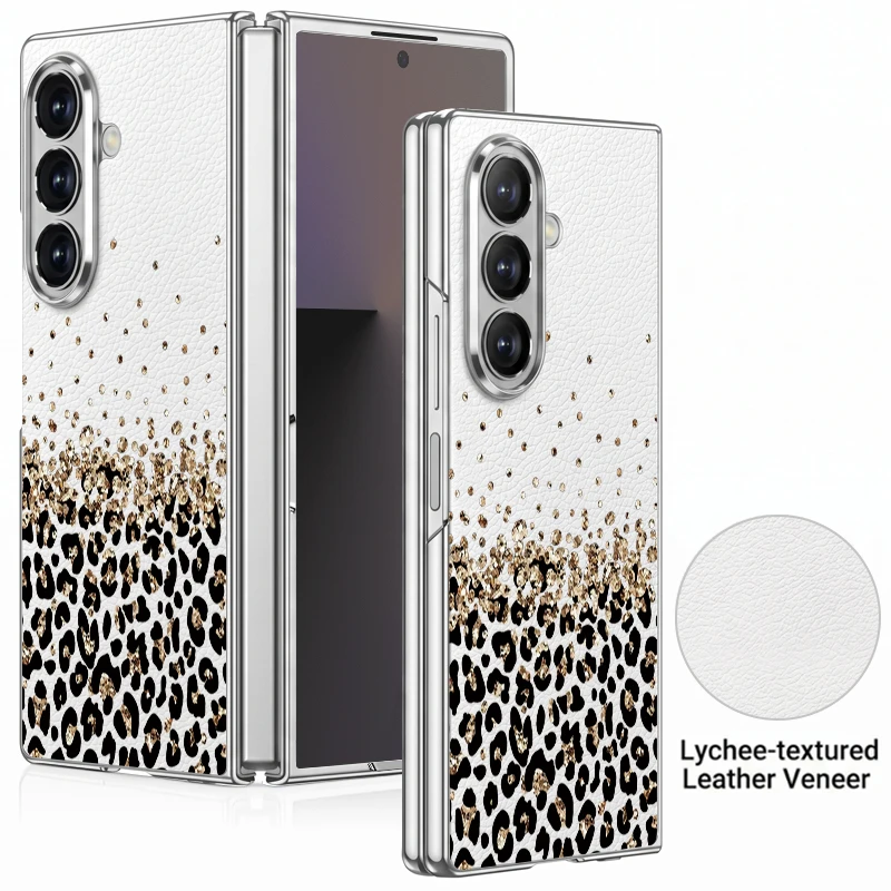 Leopard Print Pattern PU Leather Phone Case For Samsung Galaxy Z Fold 7 6 5 Fold7 Fold6 Fold5 Plating Frame Hard Folding Cover