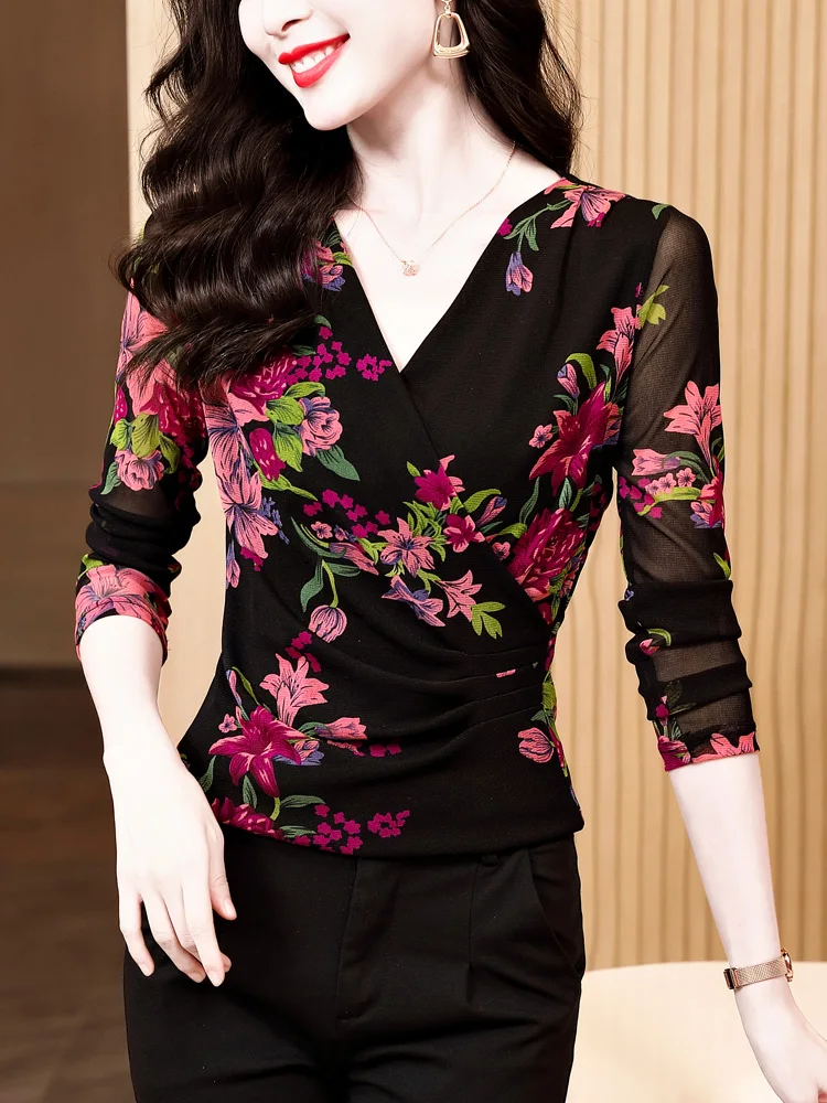 ใหม่ 2025 ฤดูใบไม้ผลิฤดูใบไม้ร่วงแขนยาวVคอตาข่ายElegant Slimพิมพ์ความยืดหยุ่นสูงผู้หญิงเสื้อยืดเสื้อผ้า