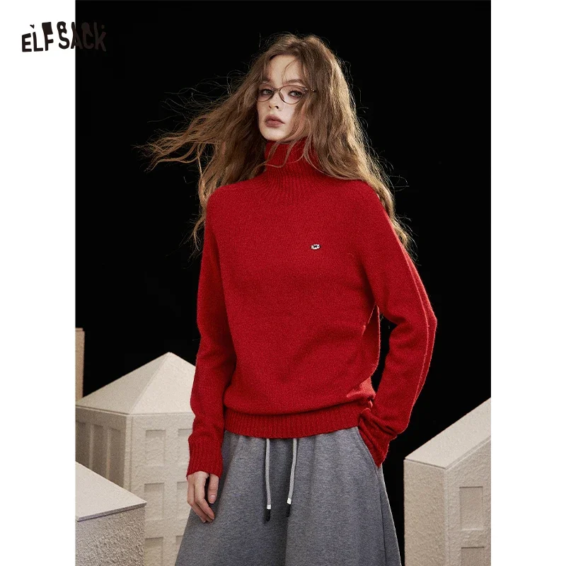 ELFSACK Casual Loose Solid Color High Neck Knit Sweater For Woman